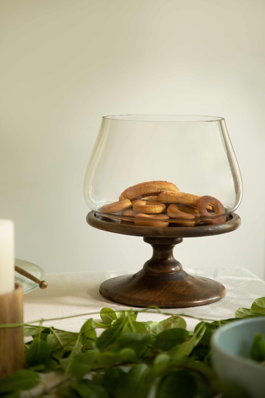 Decorative Glass Hurricane with Wooden Stand - 10.24 X 10.24 X 11.02"